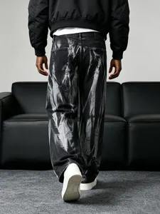 Mens tie-dye loose straight washed jeans casual trousers summer daily wear back view.