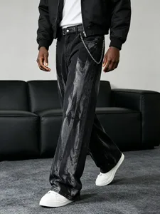 Mens black acid wash loose fit straight leg casual denim jeans with chain detail main