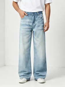 Jeans dritti lavati blu chiaro da uomo moda casual quotidiana in cotone pantaloni lunghi.