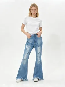 Women High Waist Ripped Flare Jeans Stretch Washed Distressed Denim Pants With Frayed Hem Vintage Slim Fit Bell Bottom Trousers