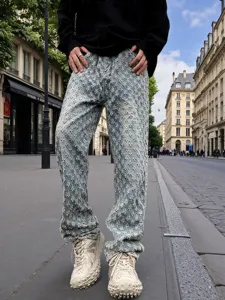 Men's High Street Loose Straight Washed Jeans American Retro Washed Distressed Cross Pattern Denim Pants Cotton Casual Bottom