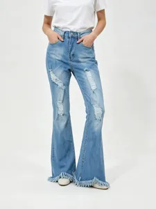 Women distressed stretch denim flare jeans casual high waist frayed hem blue trousers