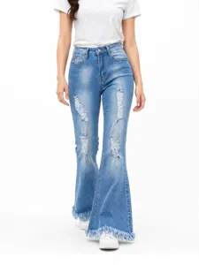Women's high-waisted distressed flare jeans casual stretch denim bell bottom trousers