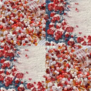 Mixed red pink white glass seed beads and acrylic tube beads for DIY bracelet jewelry making detail.