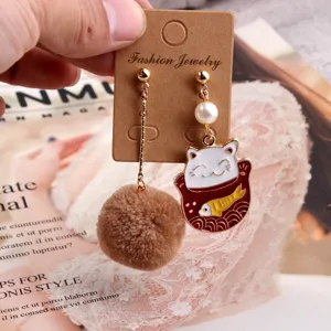 Korean style asymmetrical lucky cat plush ball pearl earrings fashion alloy jewelry accessories