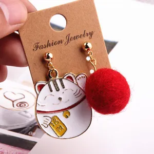 Korean style alloy DIY lucky cat red pom-pom asymmetric earrings jewelry fashion studs.