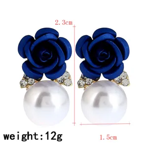 Modische europäische retro blaue rosen perle kristall ohrringe damen ohrstecker 2.3cm