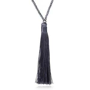 Long crystal beaded tassel sweater chain necklace in dark grey, elegant fashion jewelry.