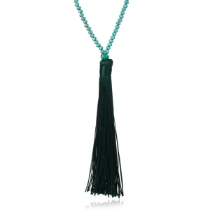 Long crystal beaded necklace with deep green silk tassel, elegant sweater chain jewelry.