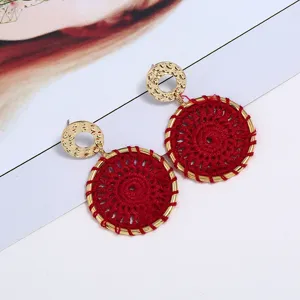 Bohemian handmade red woven drop earrings with gold hammered disc for women retro jewelry