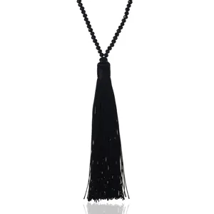 Black crystal beaded long sweater chain with stylish tassel pendant for women fashion accessory