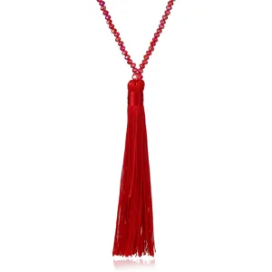 Red crystal beaded long sweater chain with tassel detail, elegant fashion jewelry accessory.