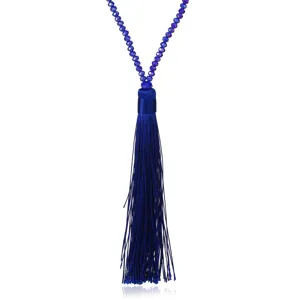Elegant royal blue crystal beaded long tassel necklace sweater chain fashion jewelry for women