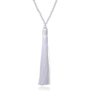 Long white crystal beaded necklace with a delicate fabric tassel for women fashion jewelry styling.