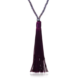 Purple crystal beaded long sweater chain with silk tassel pendant detail view fashion