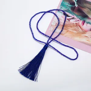 Long blue crystal beaded sweater necklace with tassel pendant elegant fashion jewelry for women