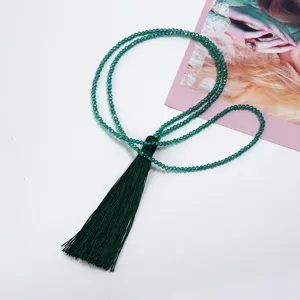 Green crystal beaded long sweater chain necklace with a elegant dark green silk tassel.