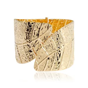Wide gold metal leaf cuff bracelet open fashion statement bangle unique jewelry for women daily wear