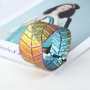 Wide rainbow metal leaf cuff bracelet for women, trendy open arm bangle fashion jewelry.