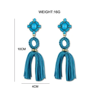 Blaue Perlen Quasten Ohrringe mit geometrischem Oberteil, 10cm lang 4cm breit Modeschmuck.