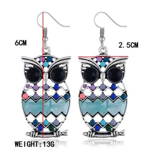 Pendientes colgantes de buho vintage de aleacion con estrases de resina coloridos y ojos.