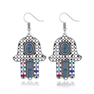 Böhmische Vintage Hamsa Hand Ohrringe mit blauem Stein und bunten Perlen ethnischer Schmuck.