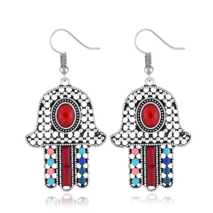 Boho Vintage Übertrieben Hand Der Fatima Ohrhänger Legierung Strass Bunte Perlen Haken Ohrringe Für Damen Ethnischen Schmuck Geschenk