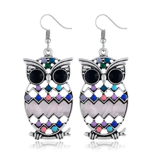 Pendientes Colgantes de Búho de Aleación Vintage Pendientes Colgantes de Animales de Strass de Colores de Moda para Mujer Joyería