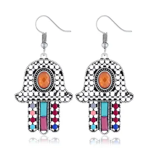 Böhmische vintage Hamsa Hand Ohrringe mit bunten eingelegten Steinen für Damen Modeschmuck