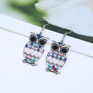 Pendientes colgantes de búho de aleación plateada retro con diamantes de resina
