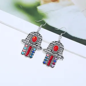 Böhmische Vintage Silber Hamsa Hand Ohrringe mit bunten Strasssteinen für Damen.