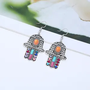 Böhmische vintage Hamsa Hand Ohrringe mit bunten Strasssteinen ethnischen baumeln Schmuck.