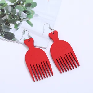 Modische hölzerne Kamm-Ohrringe für Damen, rote geometrische Design Ohrhänger im Trend.