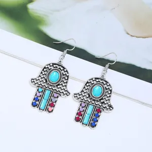 Böhmische silberne Hamsa Hand Ohrringe mit blauen Steinen und bunten Perlen Damen.