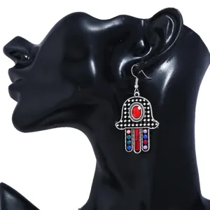 Böhmische Vintage Hamsa Hand Ohrringe mit bunten Steinen, ethnischer Statement Schmuck für Damen.