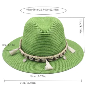Grüner Strohhut Fedora mit Muschel Quasten Band Sommer Sonnenhut Strand Freizeithut
