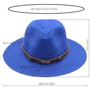 Stijlvolle blauwe strooien jazzhoed voor heren en dames, zomerse buitenstrand zonnezonnehoed.