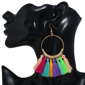 Boho Quasten Ohrringe Große Kreise Fransen Hänger Handgefertigt Edelstahl Stift Künstliche Perle Schmuck Für Damen