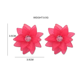 Detailaufnahme von stilvollen rosa Acryl Blumen Ohrringen mit Kristall Mitte in 3,5 cm.