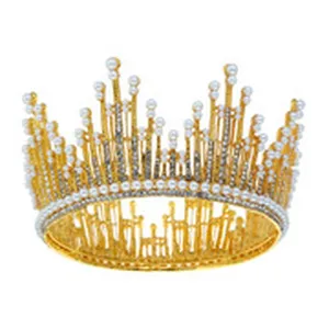 Elegante corona diadema dorata scintillante con perle e strass per matrimoni e feste.