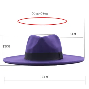 Breiter Wollfilz Fedora Hut für Damen und Herren, retro purpurne Herrenmütze, schwarz.