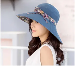 Stilvolle Damen Sommer Sonnenhut blau lässig Blumenband Beckenhut UV-Schutz Outdoor