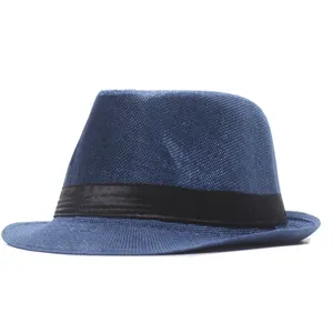 Blue straw fedora hat for sun protection, stylish ribbon band detail, perfect for outdoor wear.