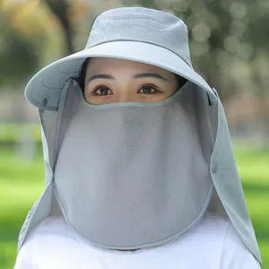 Detail view of the full-face sun protection hat with breathable mesh veil and wide brim.