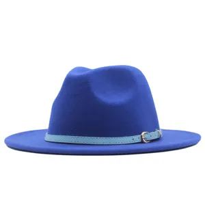 Blauer Fedora Hut Damen Herren Herbst Winter klassische Wollfilz Jazz Kappe elegant