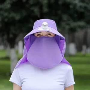 Close-up detail of the UV protection sun hat with built-in fan and full face mask shield.