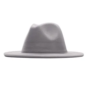 Grauer Woll-Fedora-Hut für Damen, breite Krempe, klassischer Jazz-Hut, elegante Herbst-Kopfbedeckung.