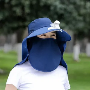Summer sun protection hat with built-in fan UV blocking face cover for outdoor cycling.