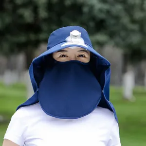 Sun protection hat with mini fan, wide brim, full face and neck cover for summer outdoor cycling.