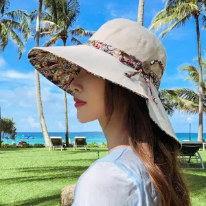 Damen Sommer Sonnenhut mit Blumenkrempe, UV-Schutz Eimerhut für Strand und Reisen.